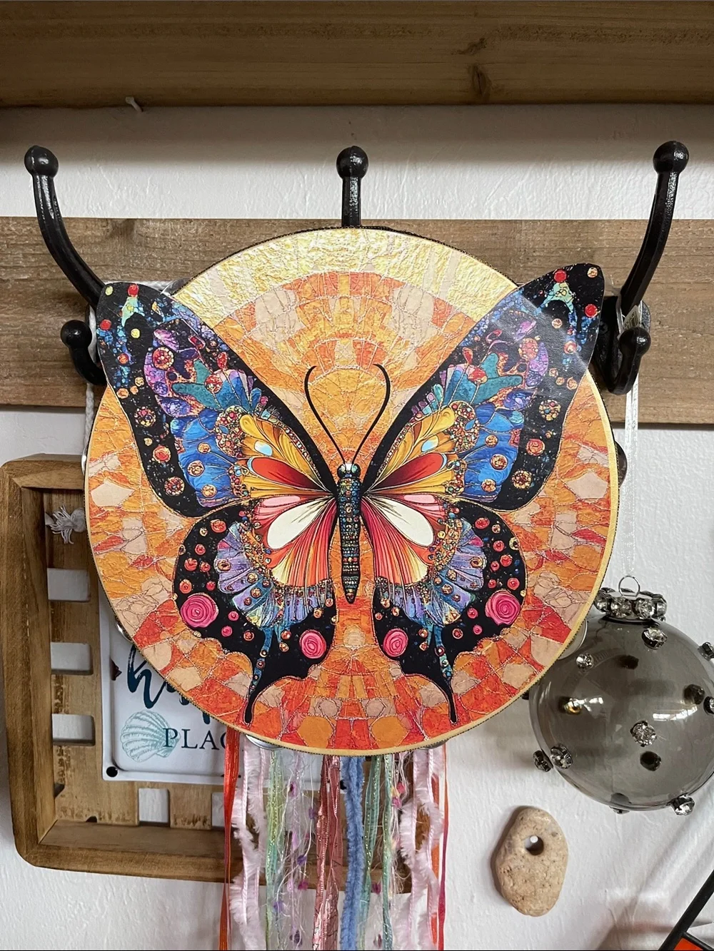 Colorful Butterfly Wall Tambourine Hanging - Vibrant Orange and Black